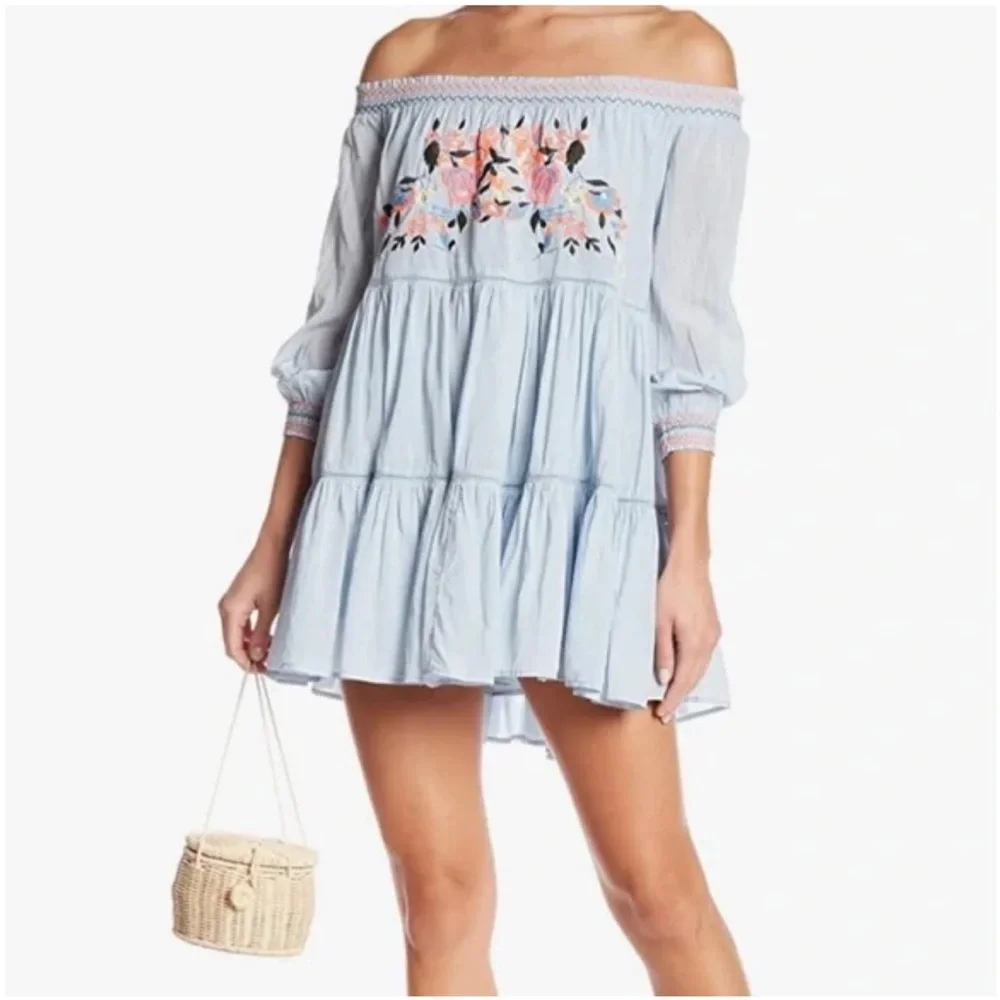Free People Blue Floral Embroidered Dress